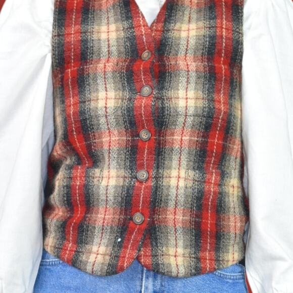 Vintage Eddie Bauer Plaid Wool Vest Red Tartan Check Equestrian Waistcoat Small - Picture 4 of 15